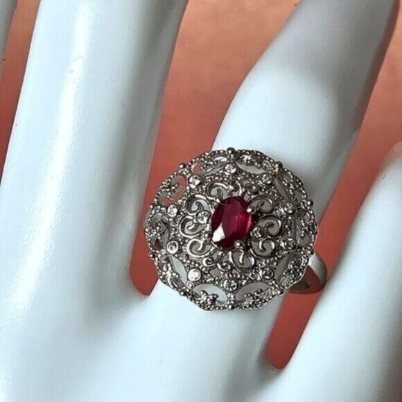 Natural Ruby 14K White Gold on 925 Sterling Silver Ring Sz 7.75 - Picture 5 of 6